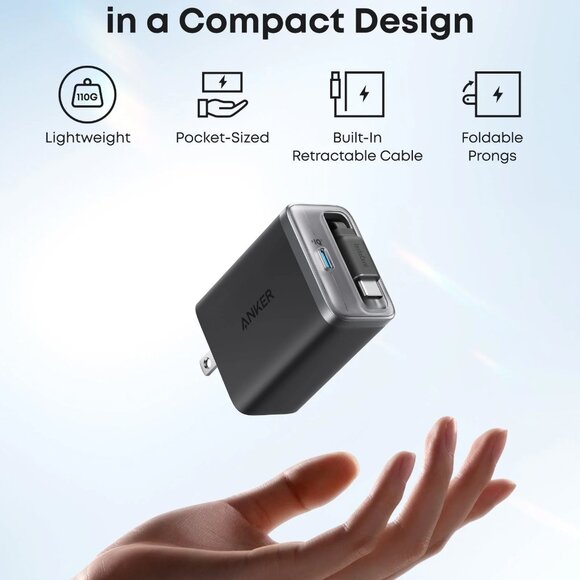 ANKER Nano Charger (35W, Built-In Retractable USB-C Cable) in Black - Picture 3 of 9